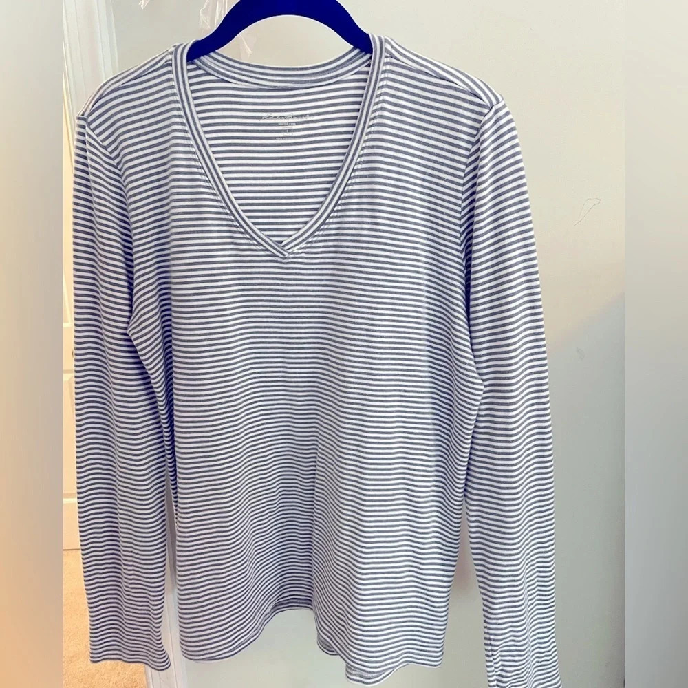 Eddie Bauer L V-neck pullover with long sleeves. Blue/gray color w/white stripes